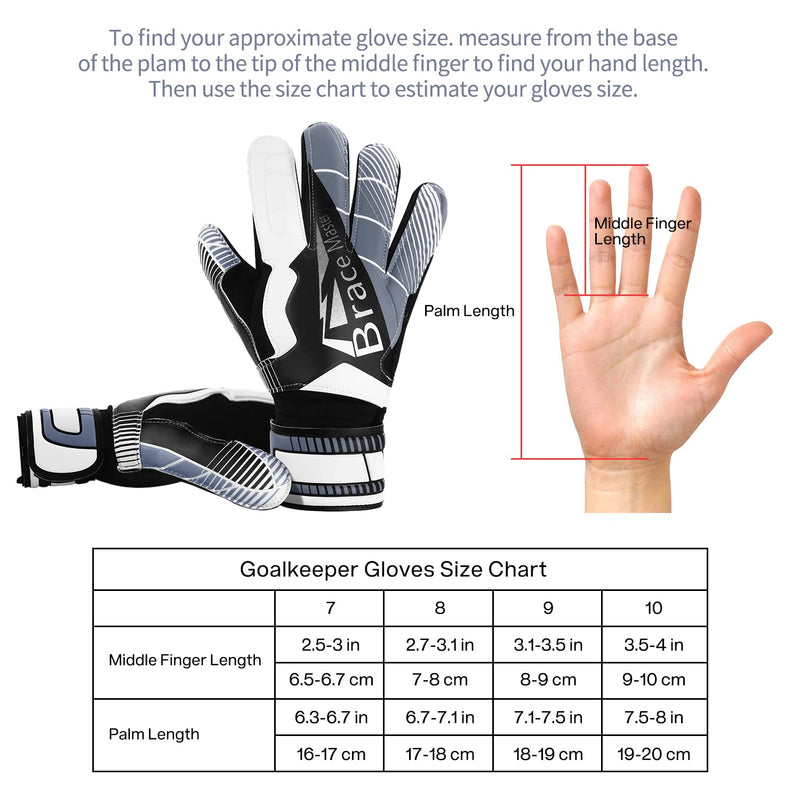 Brace Master Goalie Gloves for Youth & Adult, Goalkeeper Gloves Kids with Finger Support, Soccer Gloves for Men and Women, Junior Keeper Football Gloves for Training and Match 9 Black-White - BeesActive Australia