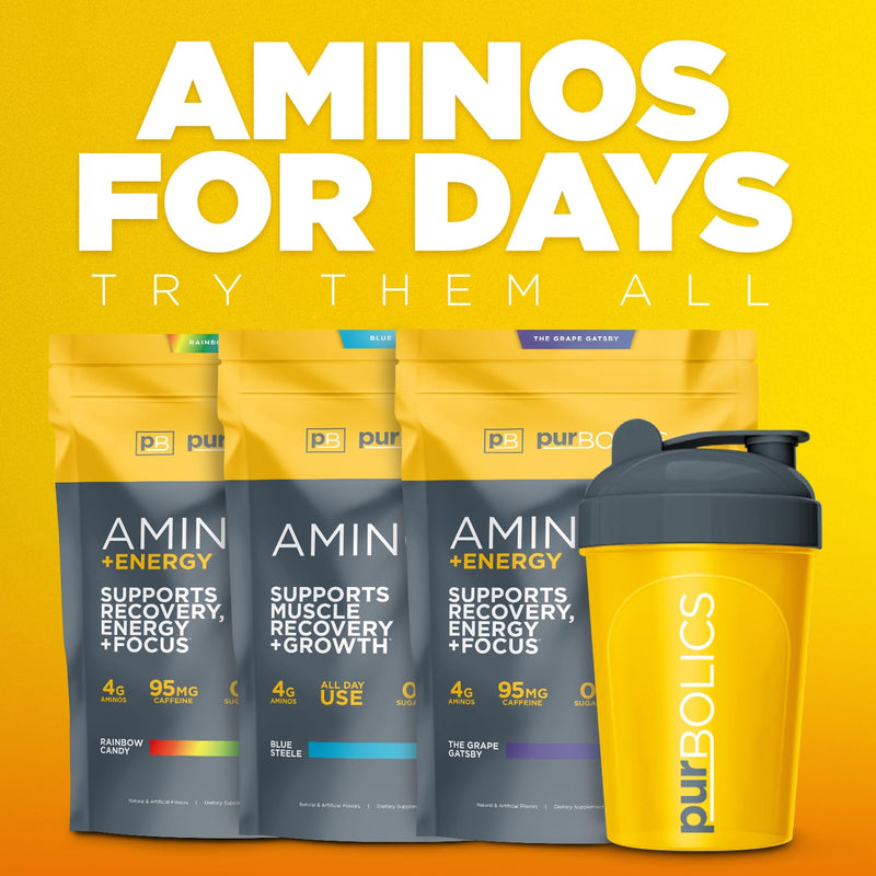 Purbolics Aminos + Energy | Supports Recovery, Energy & Focus | 95mg of Caffeine, 0 Calories & 60 Servings (Rainbow Candy) Rainbow Candy - BeesActive Australia