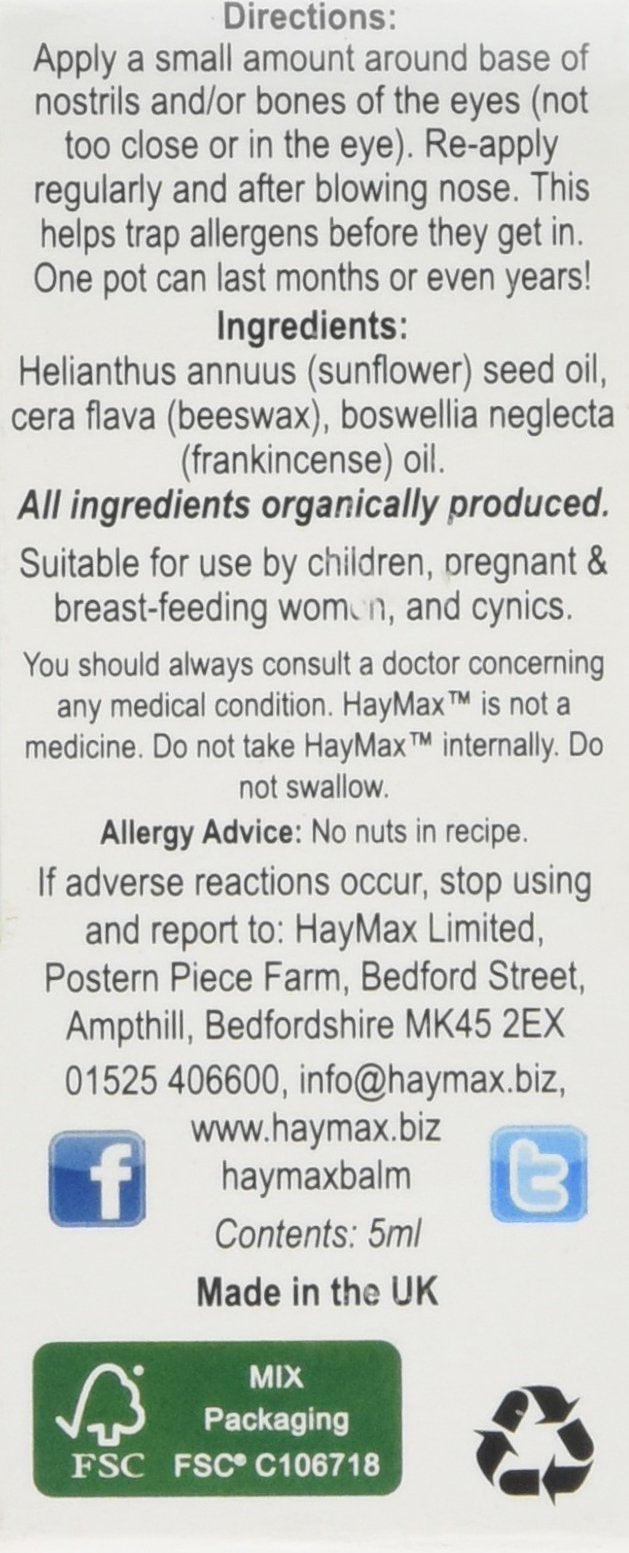 Hay Max Frankincense Drug Free Organic Barrier Balm for Hayfever, Dust, Pet Allergies 5ml carton - BeesActive Australia