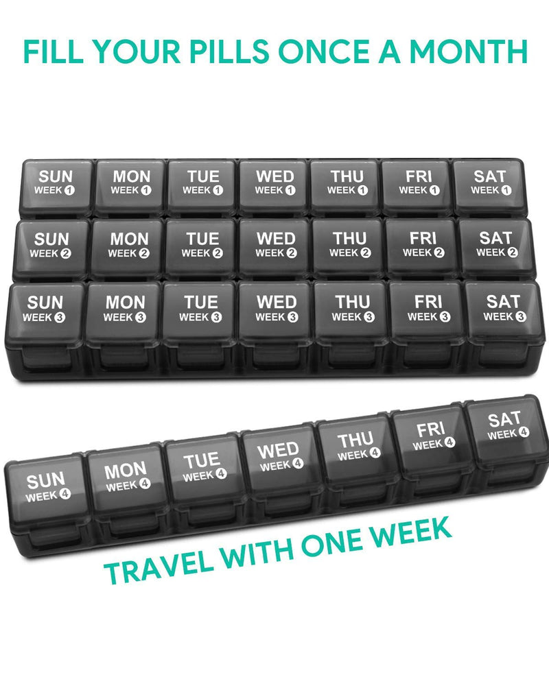 Annwer Large Monthly Pill Box Organiser, 28 Day Pill Organiser by Week, Month Tablet Box Organiser with Dust-Proof Case for Travel, 4 Week Dosette Box for Pills, Vitamin, Fish Oil and Supplement Black - BeesActive Australia