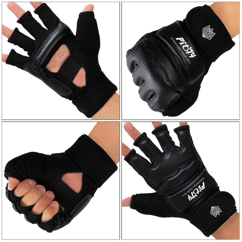 [AUSTRALIA] - FitsT4 Half Mitts UFC MMA Training Boxing Punch Bag Kickboxing Sparring Grappling Martial Arts Muay Thai Taekwondo Wrist Wraps Support Gloves for Women Men Kids black Large 