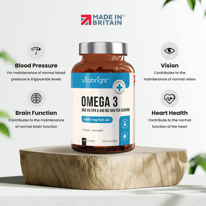 Omega 3 Pure Fish Oil 2000mg - 300 Softgel Capsules (5 Months Supply) - 660mg EPA & 440mg DHA per Serving - Supports Brain, Heart Function and Eye Health - Made in The UK by VitaBright - BeesActive Australia