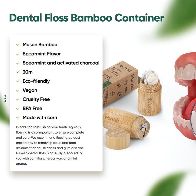 t-brush Dental Floss Mint Flavoured 30m | Within Refillable Bamboo Container | Eco-Friendly Vegan Cruelty-Free BPA Free Craft Packing No Plastic - BeesActive Australia