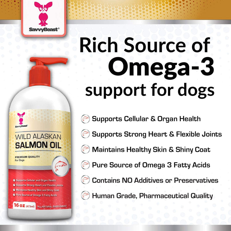 Savvybeast Wild Alaskan Salmon Oil for Dogs, Cats & Ferrets - Joint Support, Immune & Heart Health Liquid Food Supplement - Pure EPA DHA Omega 3 Fatty Acid Supplements Fish Oil for Pets - 16 & 32oz 16oz - BeesActive Australia