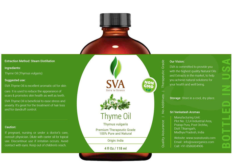 SVA Organics Thyme Essential Oil 4 Oz with Dropper 100% Pure Natural Premium Therapeutic Grade Oil for Skin Care, Hair Care, Body Massage & Aromatherapy - BeesActive Australia