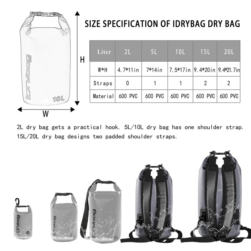 [AUSTRALIA] - IDRYBAG Dry Bag Waterproof Floating, PVC Waterproof Bag Roll Top, 2L/5L/10L/15L/20L Dry Bag Kayak Storage for Kayaking, Boating, Rafting, Swimming, Hiking, Camping, Travel, Beach gray 10L 
