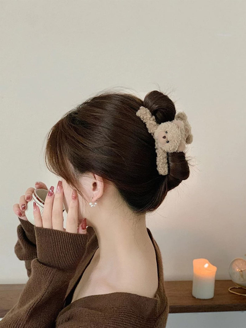 3 Pcs 4.72 Inch Large Hair Claw Clips Cute Fluffy Plush Bear Hair Catch Barrette Jaw Clamp for Women Girls Strong Hold Half Bun Hairpins for Thick Thin Hair Stylish Curly Hair Accessories - BeesActive Australia
