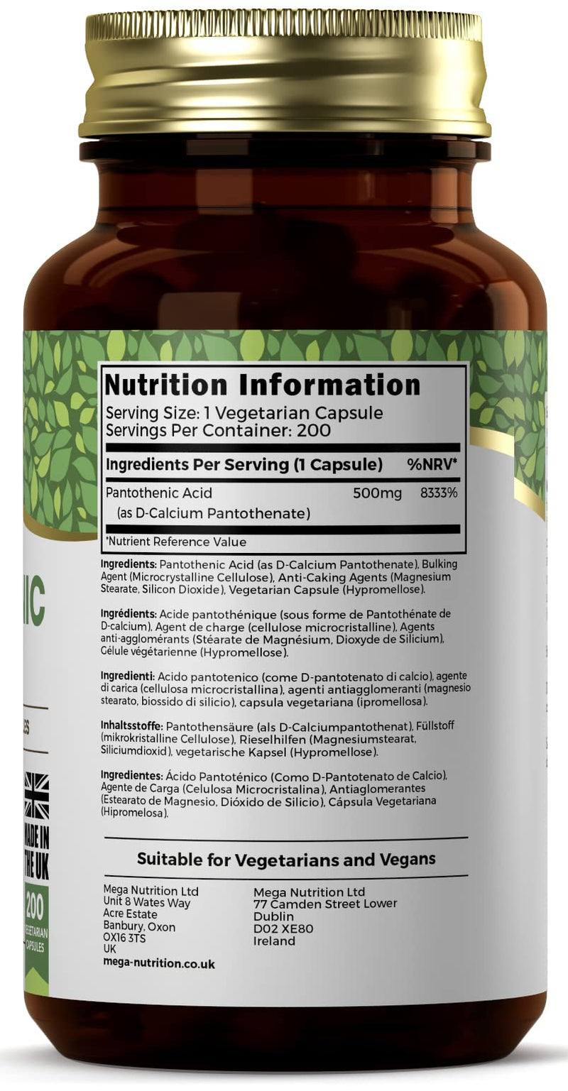 Ezyleaf Pantothenic Acid 500mg Supplement | 200 High Strength Vitamin B5 Capsules - Vitamin B5 Pantothenic Acid Capsules | Pantothenic B5 Acid | ISO Certified, Non-GMO Gluten & Allergen Free | UK Made - BeesActive Australia