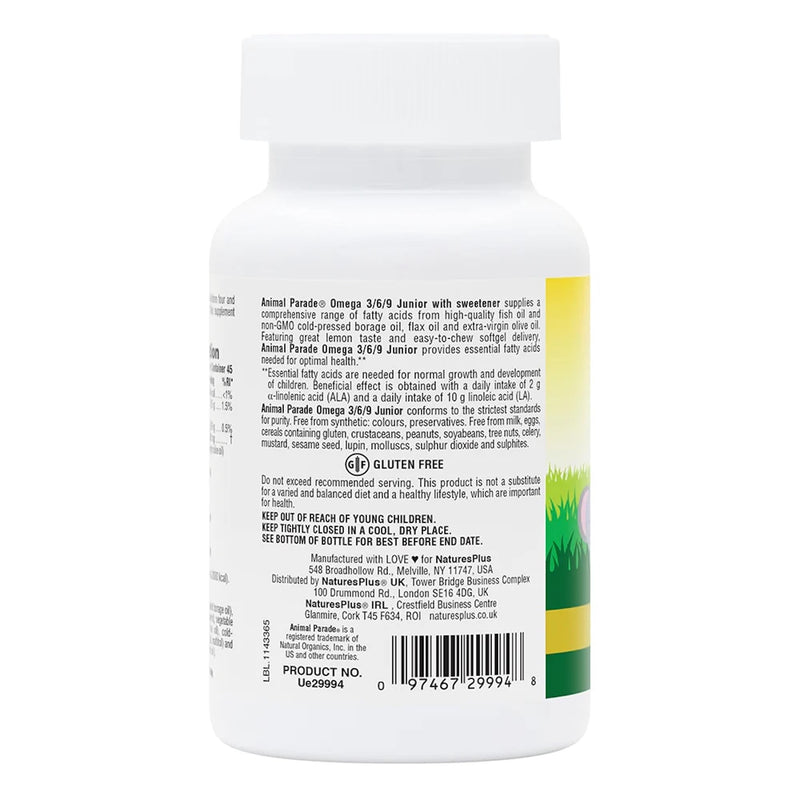 NaturesPlus Animal Parade Omega 3 6 9 Junior - Plant and Fish Oil for Kids - Healthy Brain Function - Natural Lemon Flavour - Gluten Free - 90 Softgels - BeesActive Australia