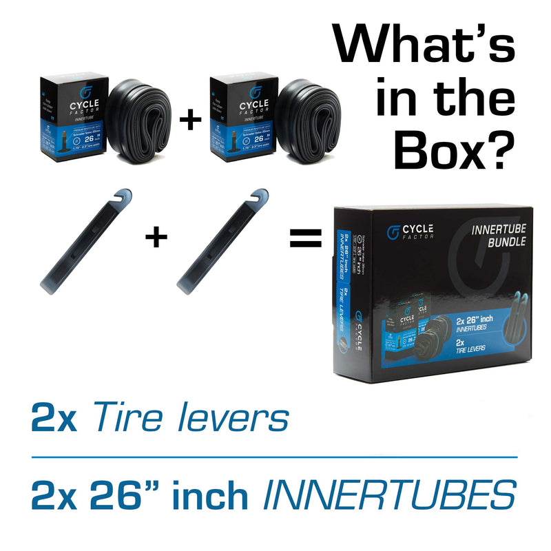 Cycle Factor 26” Mountain/Hybrid Bike Inner Tube 2 Pack 26x1.75/2.3 Inch Replacement + 2 Tire Levers, 35mm Schrader Valve - Premium Butyl Rubber Bicycle Tires, Long-Lasting Inflation - BeesActive Australia