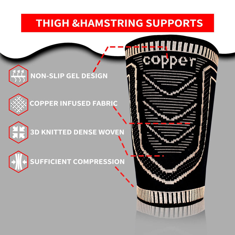 Hamstring Compression Sleeve(pair)-Copper Thigh Compression Sleeve for Women Men-Thigh Braces for Quad Supports,Groin Pull Relief,Running Large Black&Gold - BeesActive Australia