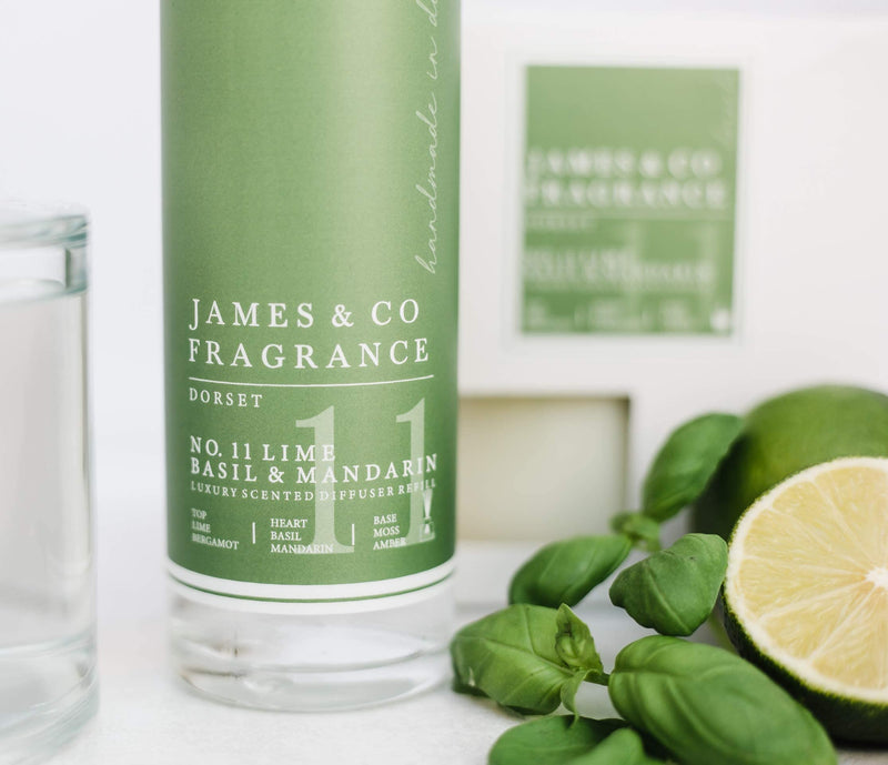 James & Co No.11 Lime (Lime, Basil & Mandarin) 200ml Reed Diffuser Refill Bottle with 6 Fibre Reeds - BeesActive Australia