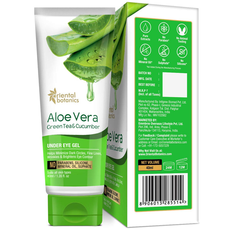 Oriental Botanics Aloe Vera, Green Tea & Cucumber Under Eye Gel, 40ml - With Vitamin B3, B5 - BeesActive Australia