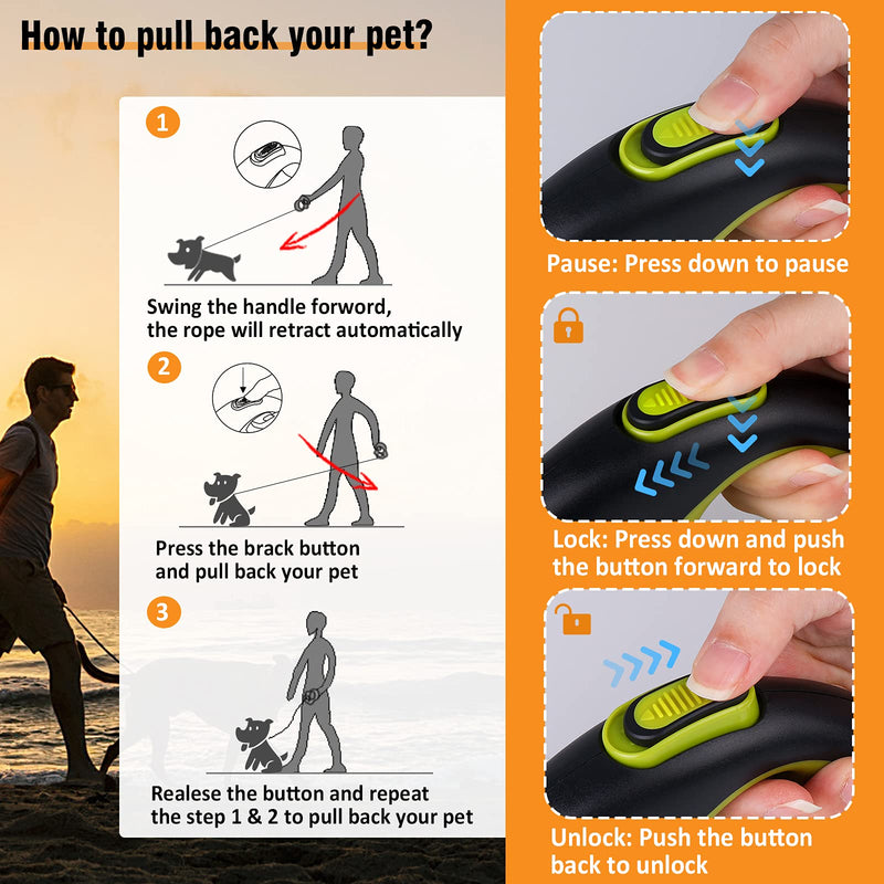 Retractable Dog Leash, Pecute 360° Tangle-Free Dog Leash Retractable, Heavy Duty Retractable Dog Leash with Protective Bungee, Easy One Button Brake & Lock, Great for Small to Large Dogs, 16ft/5m - BeesActive Australia