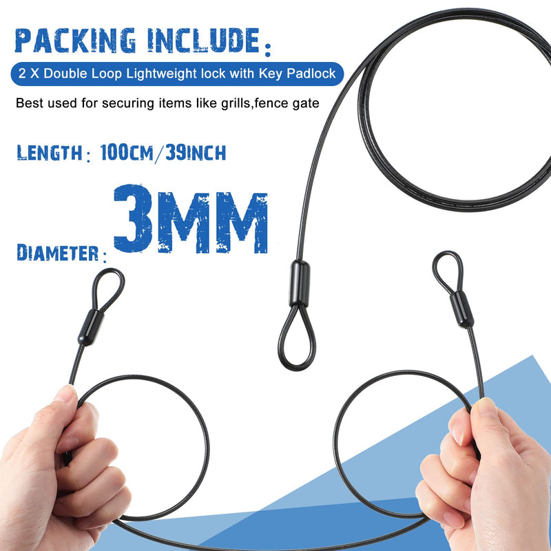 Braided Steel Looped Security Cable with Key Padlock 2 Pack 3.3 ft Long Bike Lock Cable Outdoor Travel Lock Cable Double Loop Wire Lock Flexible Safety Cable Lock for Luggage Bicycle, Black and Silver - BeesActive Australia