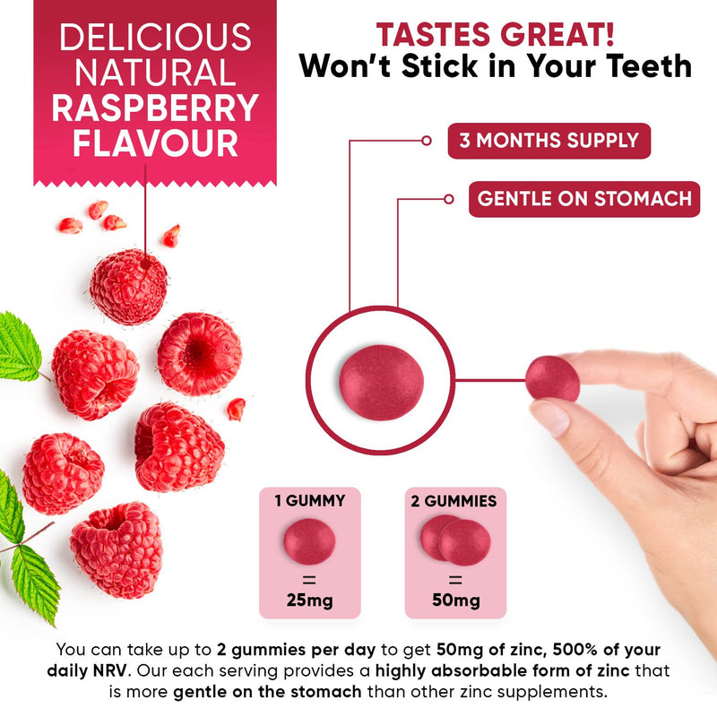 Zinc Gummies 25mg per gummy � 90 Vegan Zinc Citrate Gummies - Natural Raspberry Flavour � Better Alternative to Bitter Zinc Tablets - Immunity, Skin & Hair Gummies - Zinc Supplement For Men & Women - BeesActive Australia