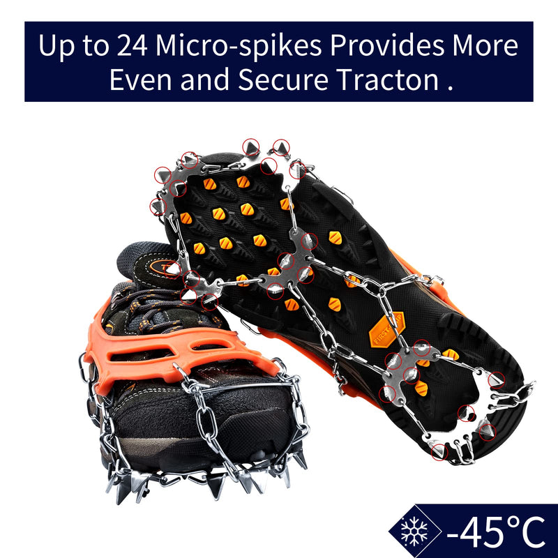 24 Spikes Crampons Ice Cleats, Traction Snow Grips for Boots Shoes,Anti-Slip Stainless Steel Microspikes for Hiking Walking Climbing Mountaineering-Orange X-Large - BeesActive Australia