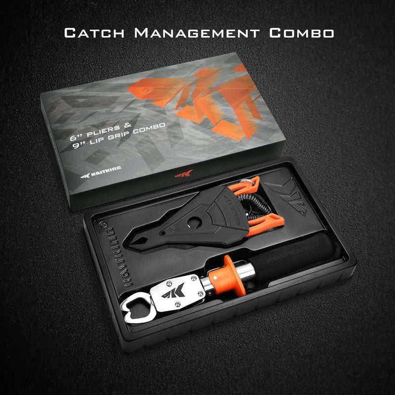 KastKing Fishing Pliers with Fish Lip Gripper, Saltwater Resistant Fishing Tools, Fishing Gear with Rubber Handle, Lanyard, Line Cutter Hook Remover with Sheath, Ice Fishing Gear, Fishing Gift for Men D: 6'' Straight Nose Plier and 9'' Lip Grip - Orange - BeesActive Australia
