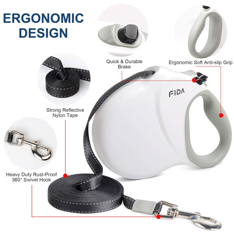Fida Retractable Dog Leash 26ft, Heavy Duty Pet Walking Leash for Medium/Large Dogs up to 110 lbs, Tangle Free. One-Hand Brake White - BeesActive Australia
