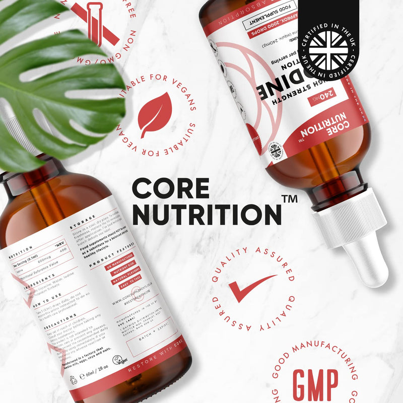 Iodine Liquid Drops - Vegan - High Strength 600mcg per Serving - 400 Servings - 240,000mcg per 60ml Dropper Bottle - Liquid Iodine Solution for Fast Absorption - Made in UK by Core Nutrition - BeesActive Australia