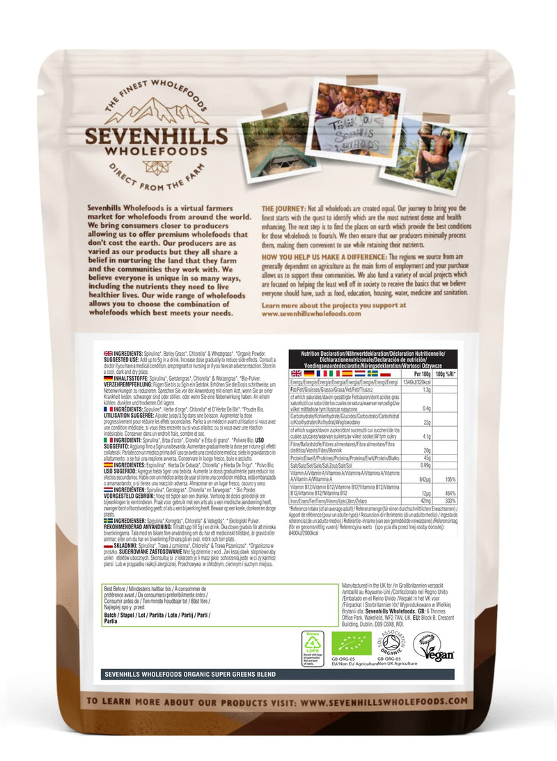 Sevenhills Wholefoods Super Greens Organic Superfood Blend 400g, with Spirulina, Chlorella, Wheatgrass & Barley Grass 400 g (Pack of 1) - BeesActive Australia