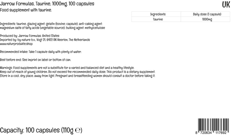 Jarrow Formulas, Taurine, 1000mg, High Dose, 100 Capsules, Lab Tested, Gluten Free, SOYA Free, Non-GMO - BeesActive Australia