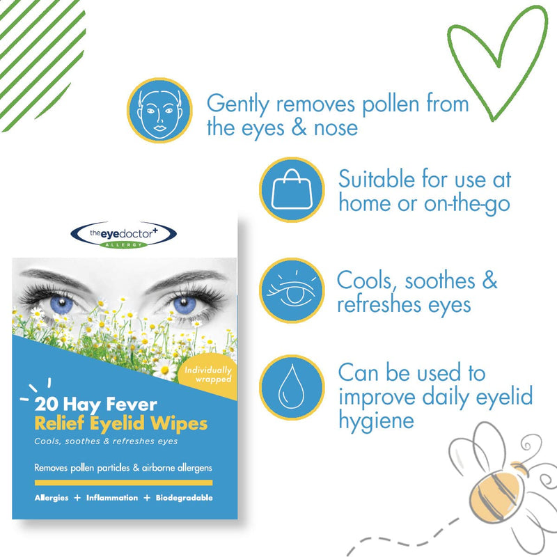 The Eye Doctor Hay Fever Relief Eyelid Wipes - 20x Single Use Eye Wipes for Allergy & Hayfever - Inflammation, Watery Itchy Eyes, Headaches & Migraines - Cooling Soothing Relief 20 Count (Pack of 1) Allergy Wipes - BeesActive Australia