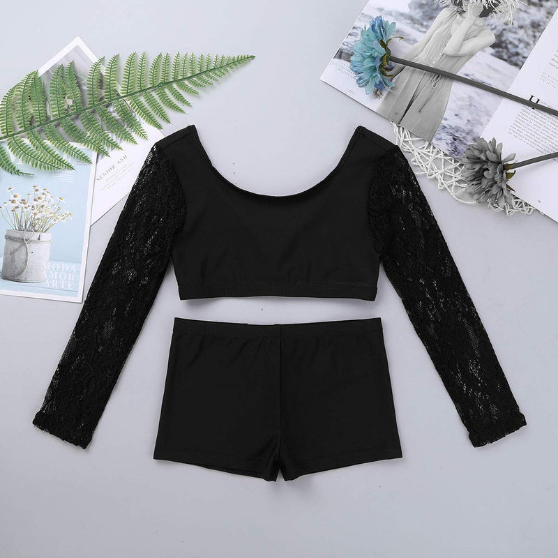 [AUSTRALIA] - TiaoBug Kids Girls Two-Piece Swimsuit Gymnastic Dancing Stage Performance Outfit Lace Long Sleeves Crop Tops with Shorts Set Black 6 