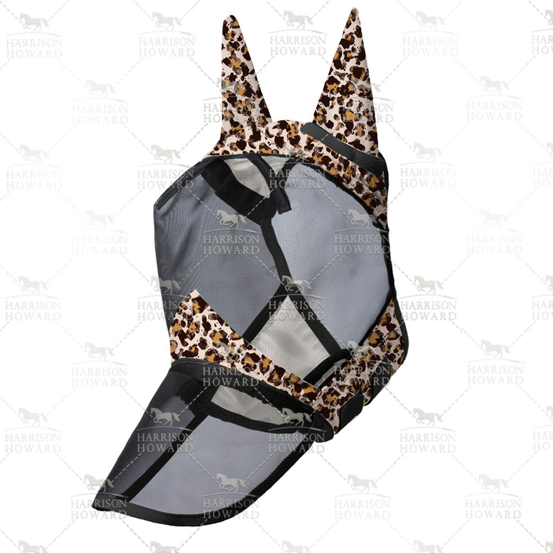 Harrison Howard LumiVista Horse Fly Mask Long Nose with Ears UV Protection for Horse with Multicolor Print Cob (Medium) Leopard Print - BeesActive Australia
