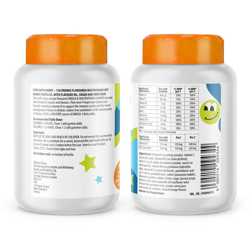 Omega and Multivitamin for Children, 120 Gummies for Kids - Orange Flavour- 9 Essential Vitamins + Minerals, Vitamin C D A & B Vitamins for Children - Pack of 120 Chewable Vitamins - by Club Vits 120 Count - BeesActive Australia