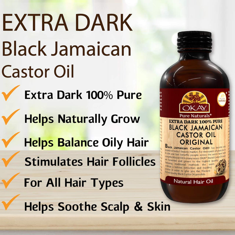 OKAY | Extra Dark 100% Natural Black Jamaican Castor Oil | For All Hair Textures & Skin Types | Grow Strong, Healthy, Smooth and Thick Hair | With Vitamin E - Omega 6 & 9 | 4 oz 4 Fl Oz (Pack of 1) Original Extra Dark - BeesActive Australia