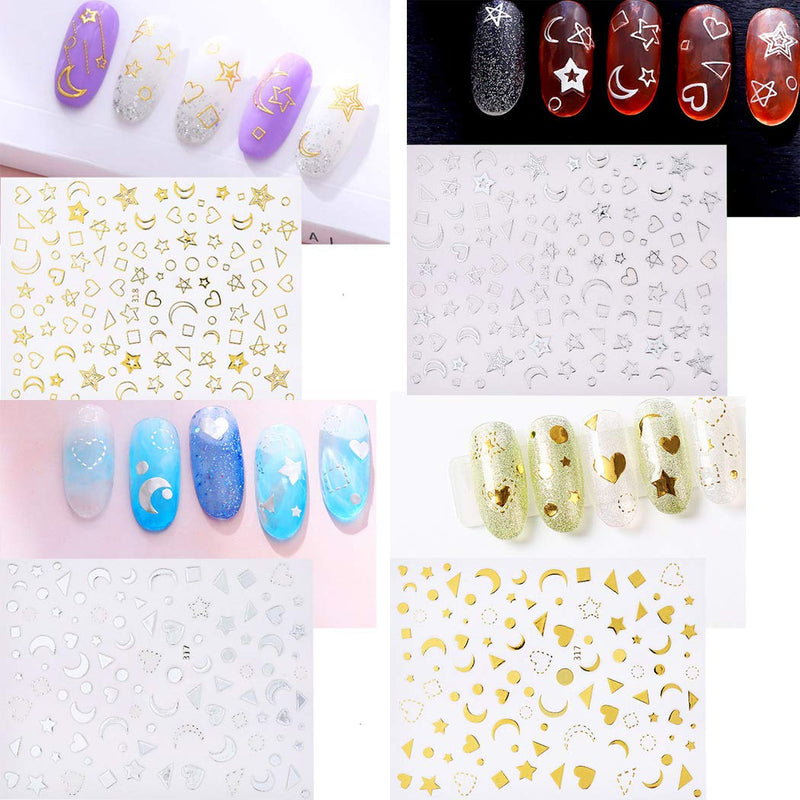 SIPLIV Metal Nail Art Rivet Stripe Heart Hollow Out Star Moon Floral Plants Rivet Nail Art DIY Decoration (6 Boxes) with A Nail Art Star Moon Stickers (4 Pcs) - Gold Gold - 6pcs - BeesActive Australia