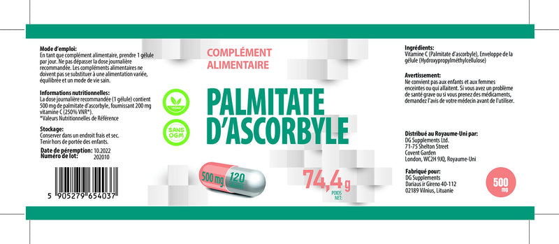 Ascorbyl Palmitate 500mg 120 Vegan Capsules, 3rd Party Lab Tested, High Strength Supplement, No Fillers or Bulkers, Gluten and GMO Free - BeesActive Australia