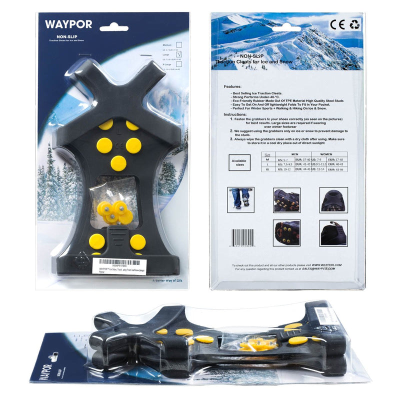 WAYPOR Ice Grips, Traction Cleats, Ice Cleat, Easy Slip On, Outdoor Durable, 10 Steel Studs, Stretchable, Prevent Slipping from Ice/Snow, Extra Studs Included in Each Package. Small - BeesActive Australia