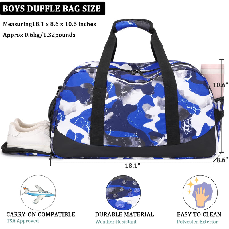 Kids Overnight Duffle Bag Boys Sport Gym Bag with Shoe Compartment & Wet Pocket, Carry On Weekender Travel Bag for Kid Boys Camo Blue - BeesActive Australia