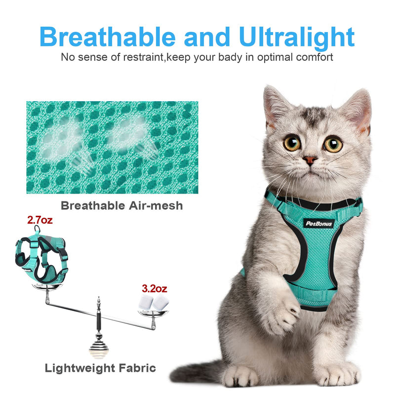 PetBonus Adjustable Cat Harness and Leash, Escape Proof Safe Breathable Pet Vest Harnesses for Walking, Easy Control Reflective Strip Comfortable Leash and Harness Set Jacket for Cats, Kitten, Kitty Turquoise X-Small - BeesActive Australia