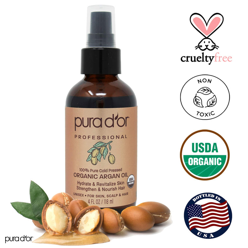 PURA D'OR Organic Moroccan Argan Oil (4oz / 118mL) USDA Certified 100% Pure Cold Pressed Virgin Premium Grade Moisturizer Treatment for Dry & Damaged Skin, Hair, Face, Body, Scalp & Nails - BeesActive Australia
