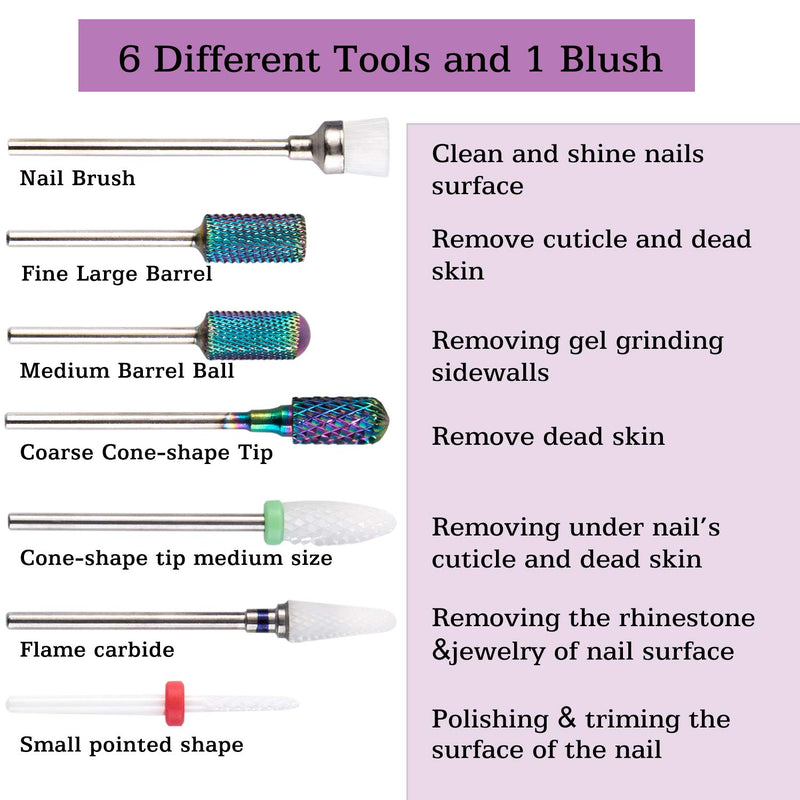 Nail Drill Bits Set, H/E Professional 7PCS Acrylic Cuticle Nails Art Files Manicure Pedicure Tools 3/32" for Electric Nail Files Drill Machine Manicure Pedicure Home Salon Use - BeesActive Australia