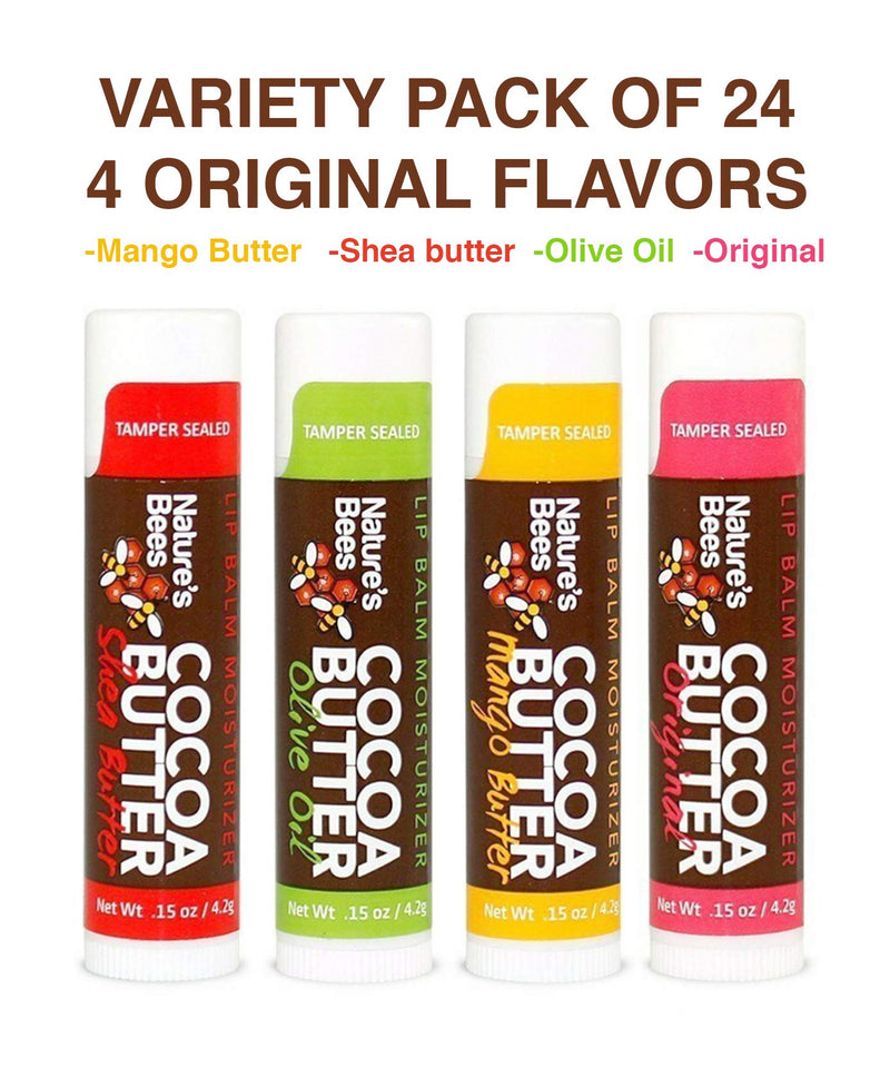 Nature's Bees, Cocoa Butter Lip Balms, Lip Moisturizer Treatment - Pack of 24, (Original Variety Assortments - Original, Olive Oil, Mango Butter, Shea Butter) Original Variety Assortments - BeesActive Australia