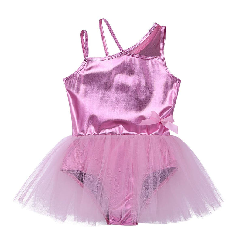 [AUSTRALIA] - dPois Kids Girls' Shiny Metallic One Shoulder Ballet Dance Leotard Tutu Dress Stage Performance Dancing Costumes Pink 10 