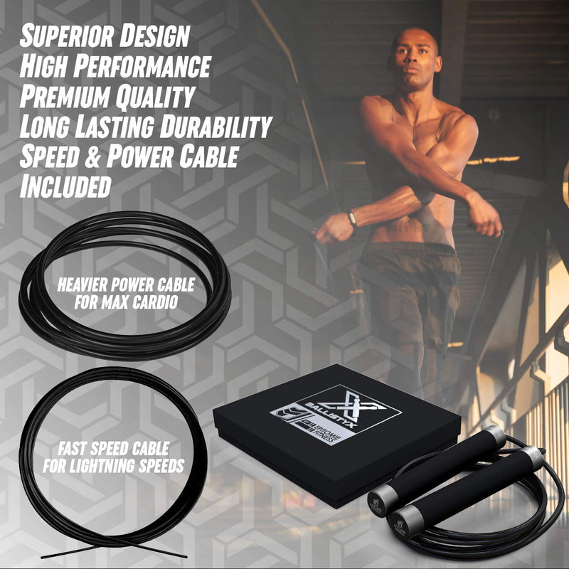 Ballistyx Jump Rope - Premium Speed Jump Rope with 360 Degree Spin, Steel Handles, Silicone Grips and 2 x Adjustable Cables - for Crossfit, Gym & Home Fitness Workouts & More Carbon Black - BeesActive Australia