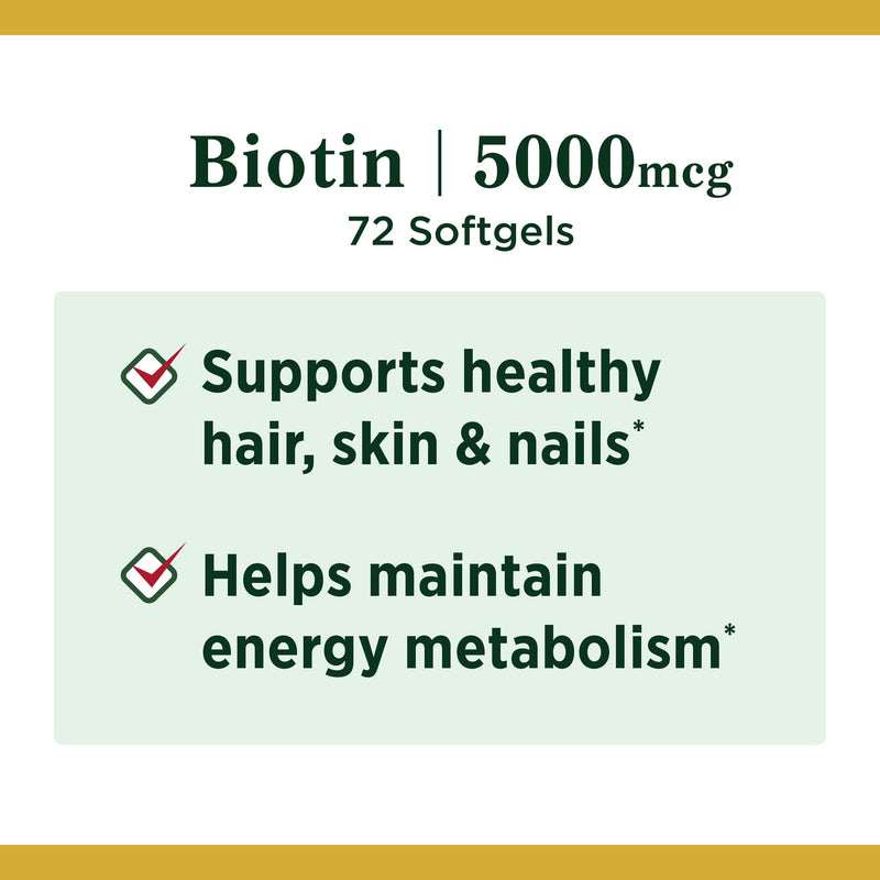 Biotin by Nature's Bounty, Vitamin Supplement, Supports Metabolism for Energy and Healthy Hair, Skin, and Nails, 5000 mcg, 72 Softgels - BeesActive Australia