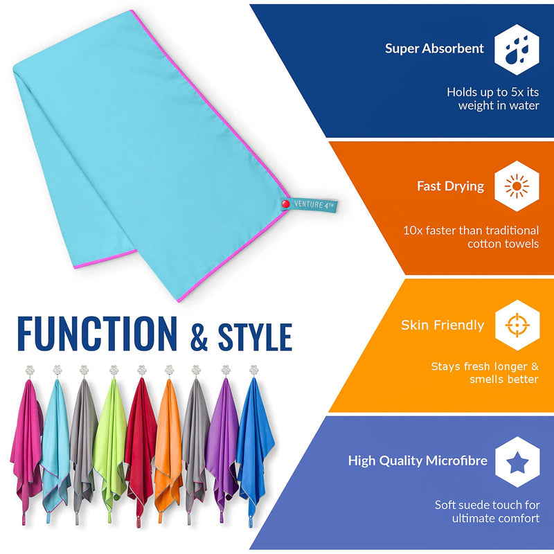 VENTURE 4TH Quick Dry Travel Towel - Fast Drying Ultra Soft Microfiber Towels - Essential for Camping, Backpacking, Yoga, Swimming, Gym, Sports and Beach - 3 Compact Sizes Blue Pink Medium 21" x 40" - BeesActive Australia