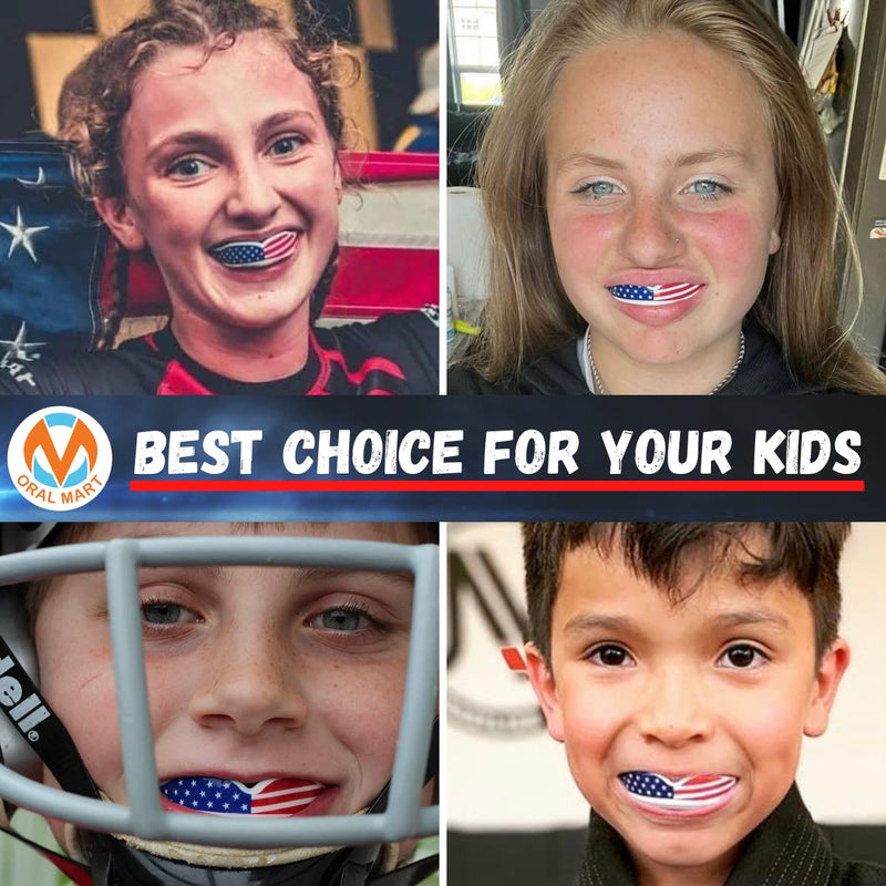 Oral Mart Sports Youth Mouth Guard for Kids (USA Flag & 3 Fangs & 15 Best Colors) | Youth Mouthguard (BPA Free) Football, MMA, Karate, Flag Football, Rugby, Boxing, BJJ, Hockey (/w Vented Case) (Youth, Strapless) Youth (Age 12 & Below) American Flag - BeesActive Australia