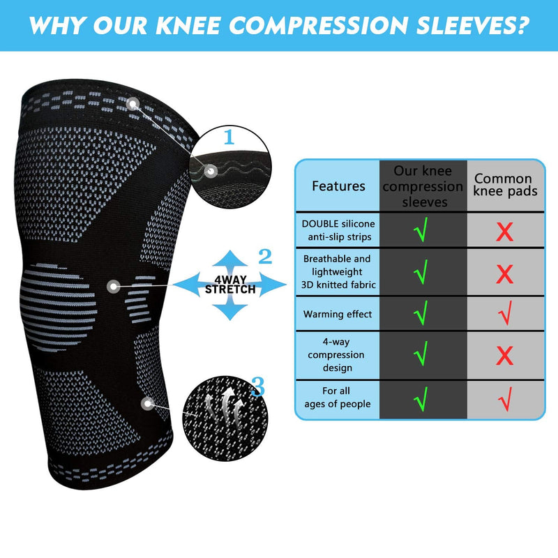 Gemschest 2 Pack Knee Support - Knee Compression Sleeves for Men & Women, Knee Brace for Working Out, Running, Basketball, Gym, Weightlifting, Workout, for Arthritis Joint Pain Relief Size L Black Large(1 Pair) - BeesActive Australia