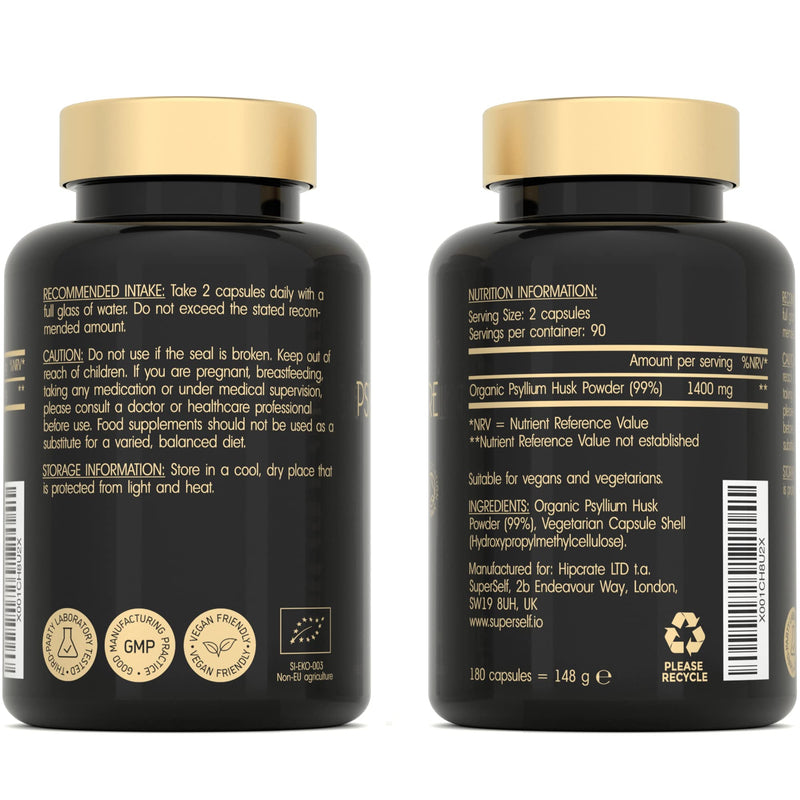 Organic Psyllium Husks Capsules 1400mg - Fibre Supplement for Men & Women - Pure Psyllium Husk Powder - 180 Tablets - High in Soluble Fiber - Certified Organic - Natural Prebiotic from Ispaghula Husk - BeesActive Australia