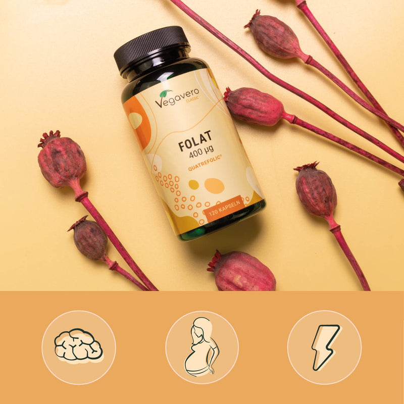 Natural Folic Acid Pregnancy Vegavero� 400mcg | NO Additives | Vitamin B9 Quatrefolic� (5-MTHF) Methyl Folate Supplements for Preconception & Maternal Tissue Growth | 120 Vegan Capsules - BeesActive Australia