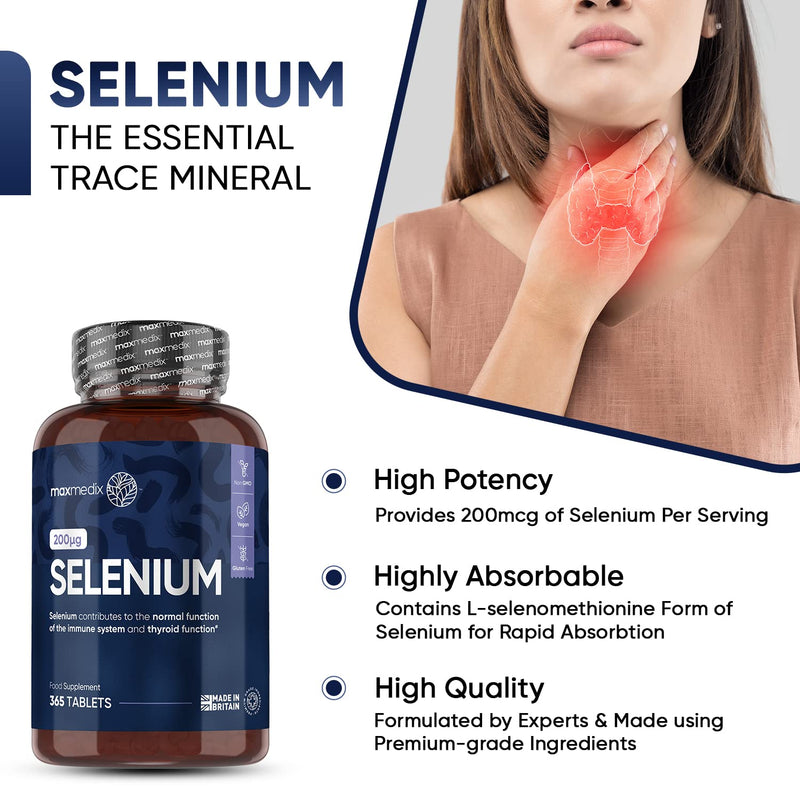 Selenium 200mcg - 365 Selenium Tablets (1 Year Supply) - Yeast Free Selenium Supplements - L-Selenomethionine - Natural Immune System & Thyroid Supplements - Hair and Nail Supplements for Women & Men - BeesActive Australia