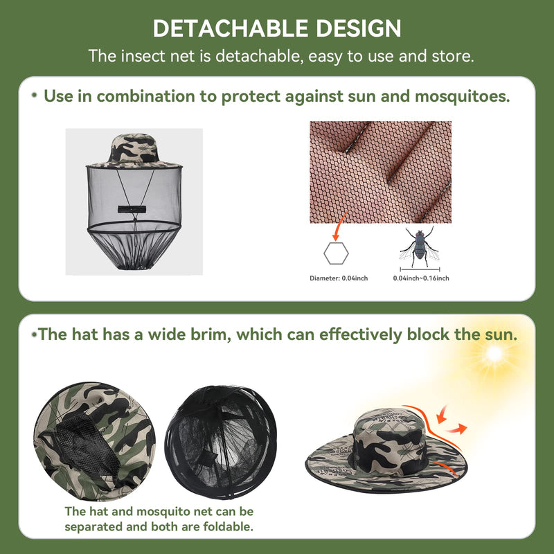 Mosquito Hat with Removable Netting,Midge Head Net Hat for Outdoor Hiking, Fishing, Camping, Climbing Camouflage Gray - BeesActive Australia