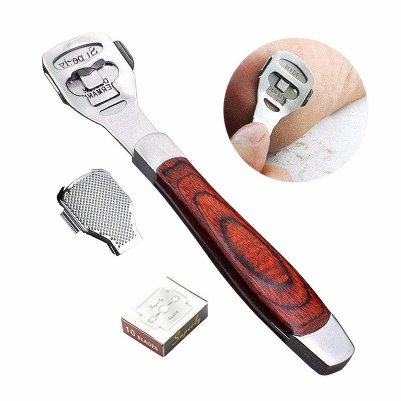 BEINY Stainless Steel Callus Shaver Pedicure Dead Hard Skin Remover Heel Razor Wooden Handle Cutter with Skin Rub & 10 blades for Foot Care, Removing Solid, Cracked Skin Cells - BeesActive Australia